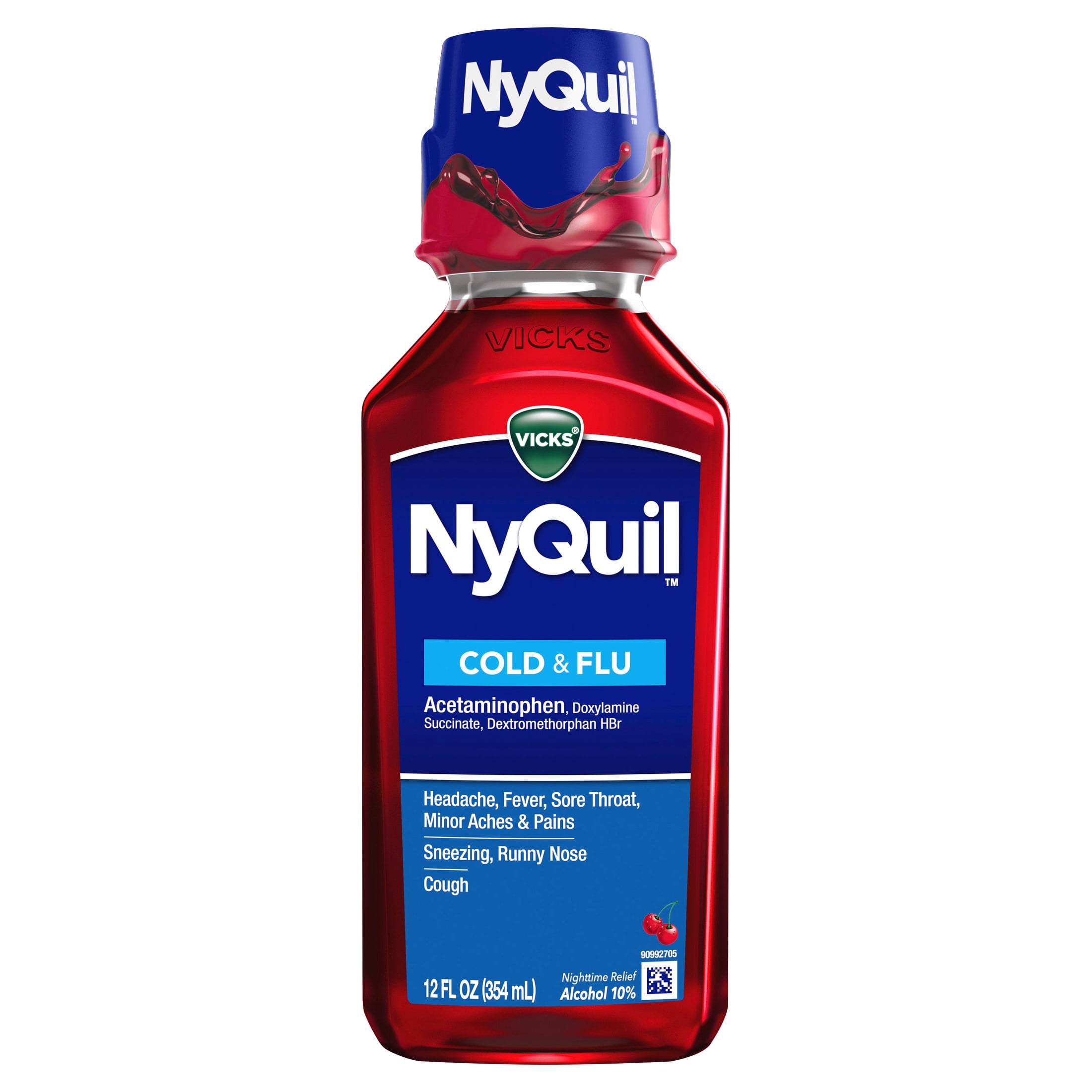 Vicks NyQuil Cold & Flu Liquid, Nighttime Cold and Flu Medicine, Cherry, 12 fl oz