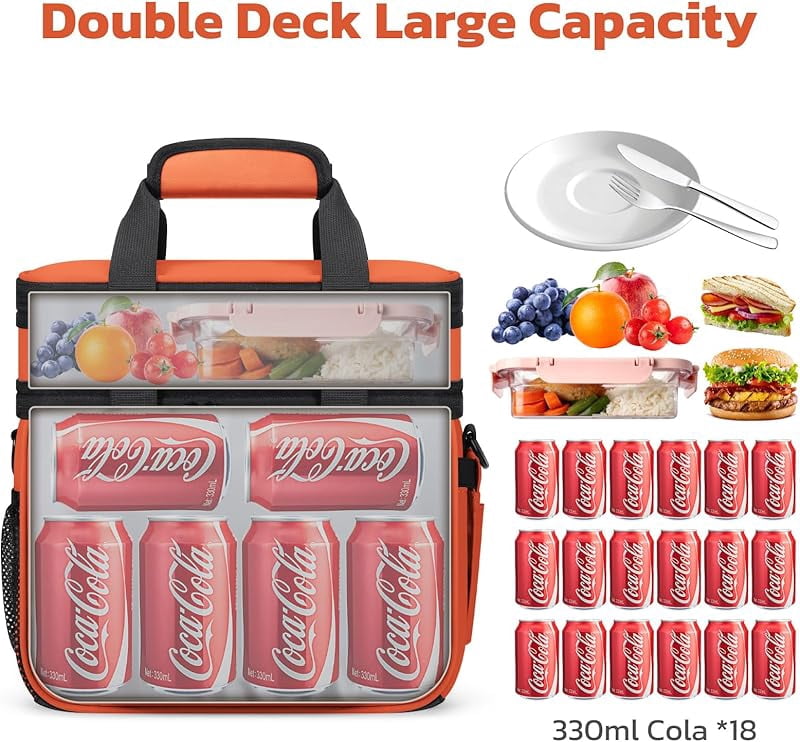 Maelstrom Lunch Box, 20L Insulated Lunch Bag for Men Women, Expandable Double Deck Leakproof Cooler Bag with 6 Pockets, Reusable Lunch Tote Bag for Work, Picnic