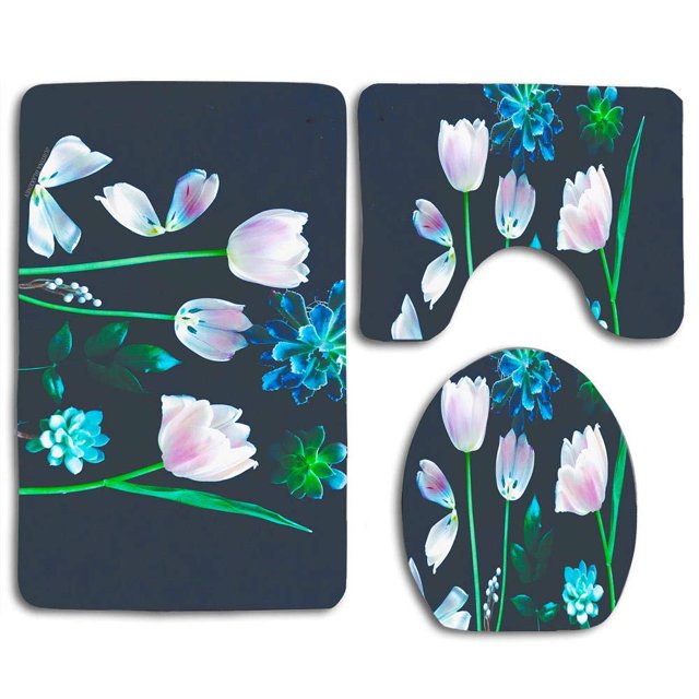 ABPHQTO Hermosas flores de color rosa azul Juego de alfombras de baño de 3 piezas Alfombra de baño Alfombra de contorno y tapa de inodoro