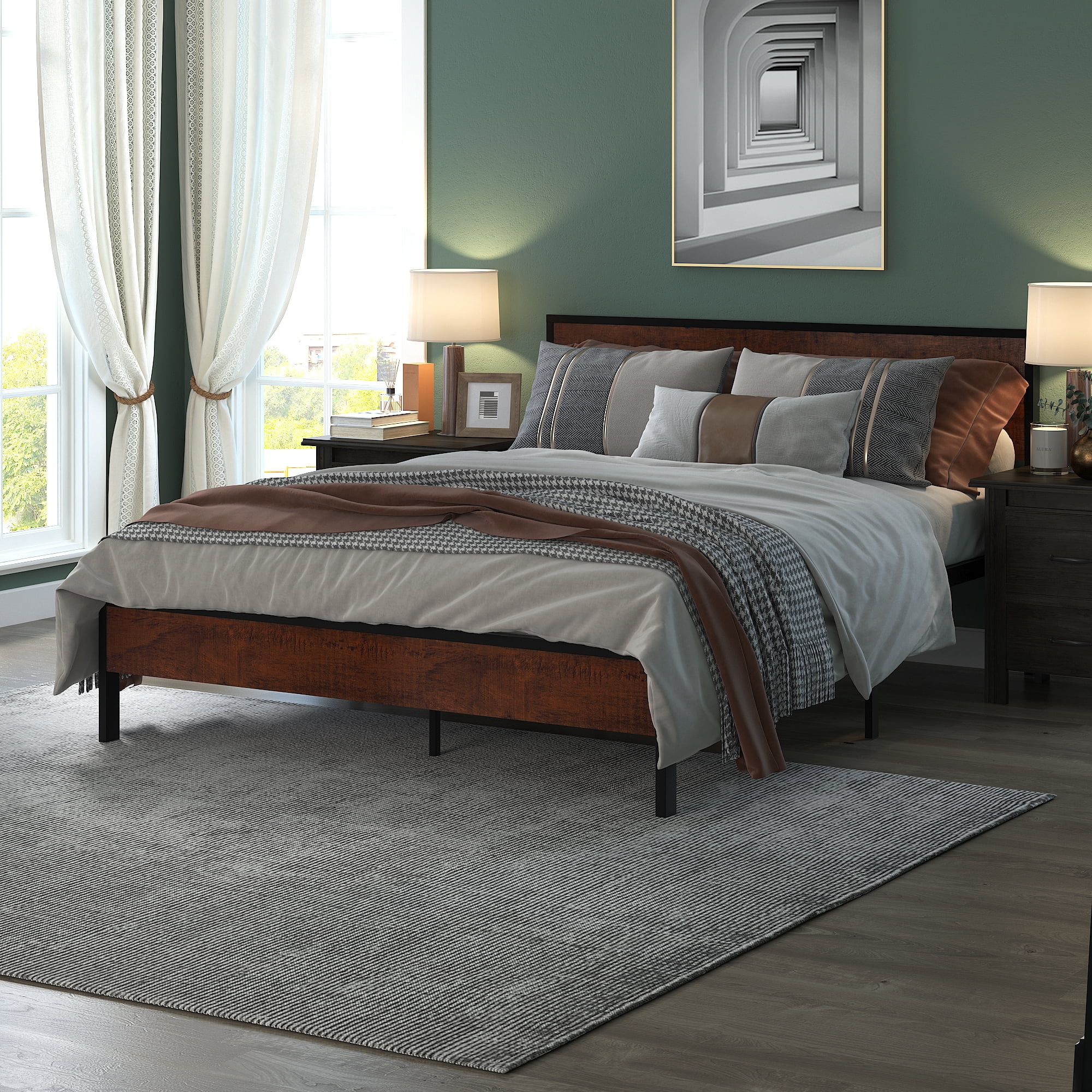 Yoneston Full Metal Bed Frame with Wood Headboard Strong Slat Support