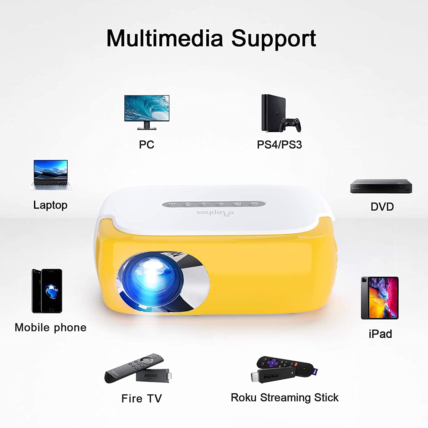 Lumi Full HD Mini Ultra Handheld Projector with USB/SD/AV/HDMI White Yellow 