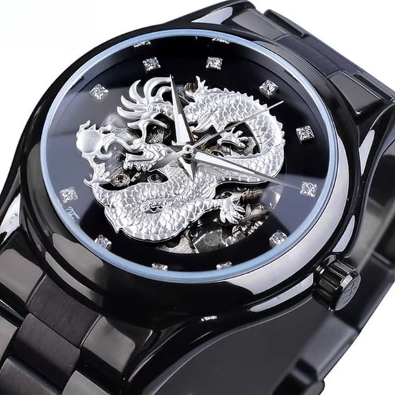 Men's Watch Automatic Mechanical Watch Skeleton Watch Stainless Steel Watch Dragon Design Analog Wristwatch Waterproof with Open Heart Dial Unique Fashion Watch Gift for Men