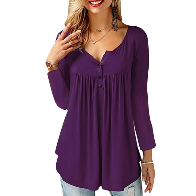 JustVH Femmes Solide Henley V-Cou Casual Chemisier Plissé Bouton Tunique Top