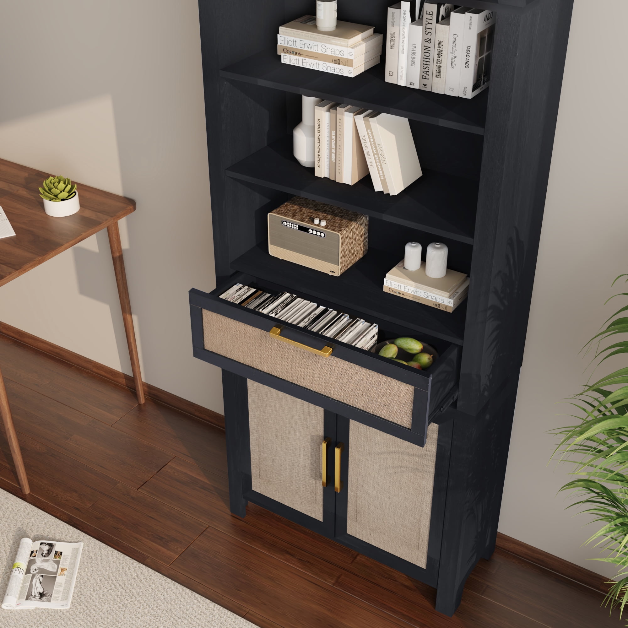LEFHDA 2PCS 78" Tall Bookshelf, Arched Bookcase with Drawers, Mid-Century Modern 6-Tier Bookshelf with Storage, Rattan Open Display Storage Shelf Bookshelf for Living Room Bedroom & Classroom(Black)