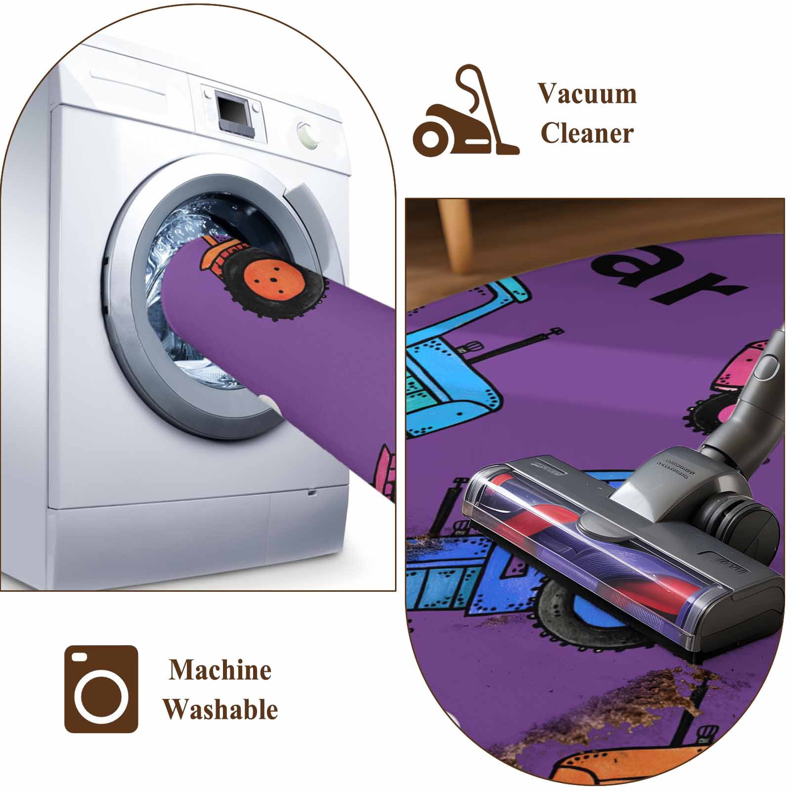 Cartoon Tractor Round Area Rug 7Ft Washable Circle Rugs for Dorm Laundry Room, Cute Beep Car Digger Shovel Truck Purple Non-Slip Carpet Floor Mats Indoor Outdoor Carpet Runner Aesthetic Home Decor