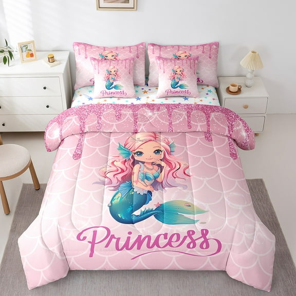 Erosebridal Mermaid Princess Bedding Set Mermaid Scales Twin Comforter Set 7 Piece Glitter Pink Sequins Bed In A Bag Princess Room Decor Reversible Colorful Stars Bed Set