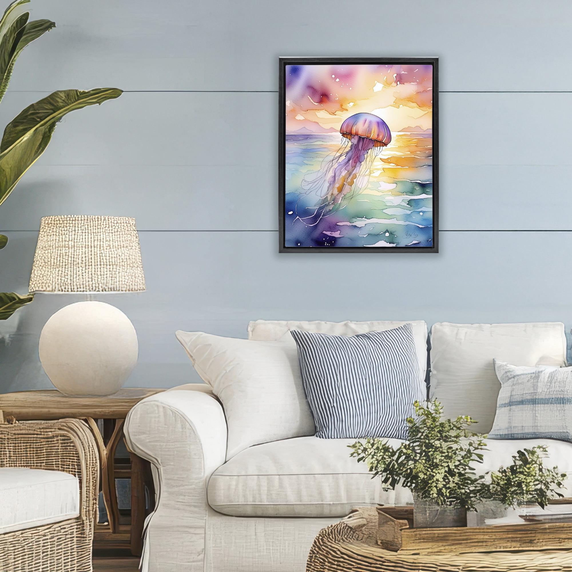 Stupell Industries Celestial Drift Jellyfish Black Framed Floater Canvas Wall Art, design by Shelly Craig