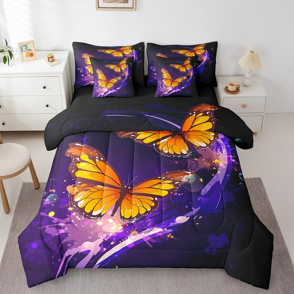 Yellow Butterfly Bed in a Bag Full 7 Pieces - Full Size Comforter Set,3D Dreamy Butterflies Bedding Sets Purple Tie Dye Aesthetic Animal Bed Set with Comforter,Sheets,Pillowcases & Shams