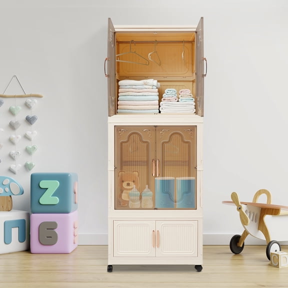 Storage Bins with Doors, Storage Cabinet with Wheels, Foldable Storage Cabinet 66*42*163cm