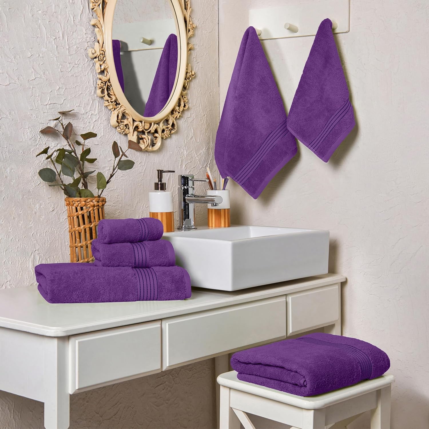 Turkish Linens Luxury Spa and Hotel Quality Premium Cotton 6-Piece Towel Set (2 x Bath Towels, 2 x Hand Towels, 2 x Washcloths), Purple