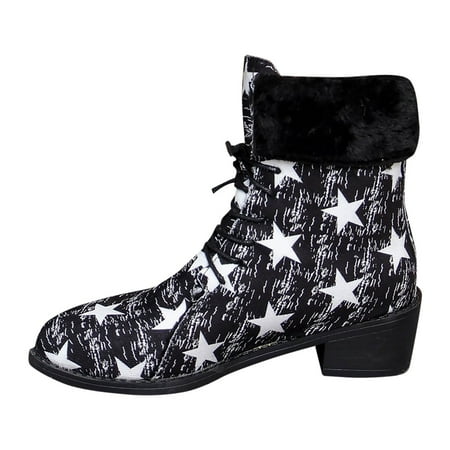 YHGFVOKJ Boots for Women Large Size Star Print Ankle Boots Autumn Winter British Work Wear Boots Fashion Versatile Non Slip Warm Durable Short Boots Shoes Boot Heels Black 42