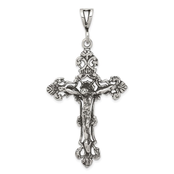 Oxidized Sterling Silver Crucifix Cross Pendant for Men and Women Baroque Christian Necklace Religious Gothic Heirloom Style Handcrafted Faith Jewelry Cross Charm
