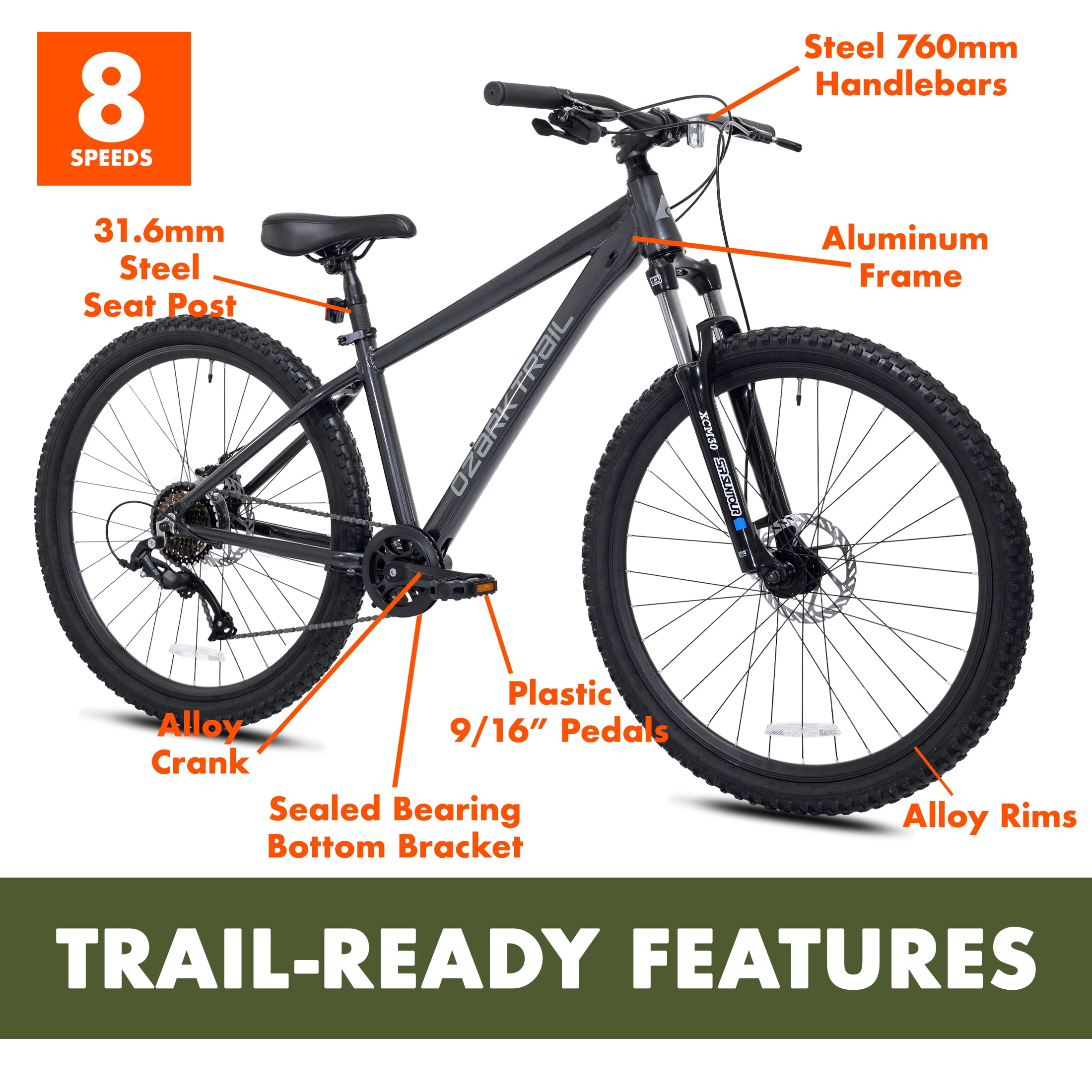 27.5" Ozark Trail Timber Mountain Bicycle, Small Frame, Fits Riders 5'0" - 5'6", Black, Adult, Unisex