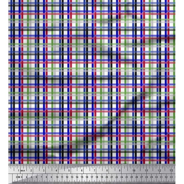 Soimoi Blue Japan Crepe Satin Fabric Window Pane Check Print Fabric by the Yard 42 Inch Wide