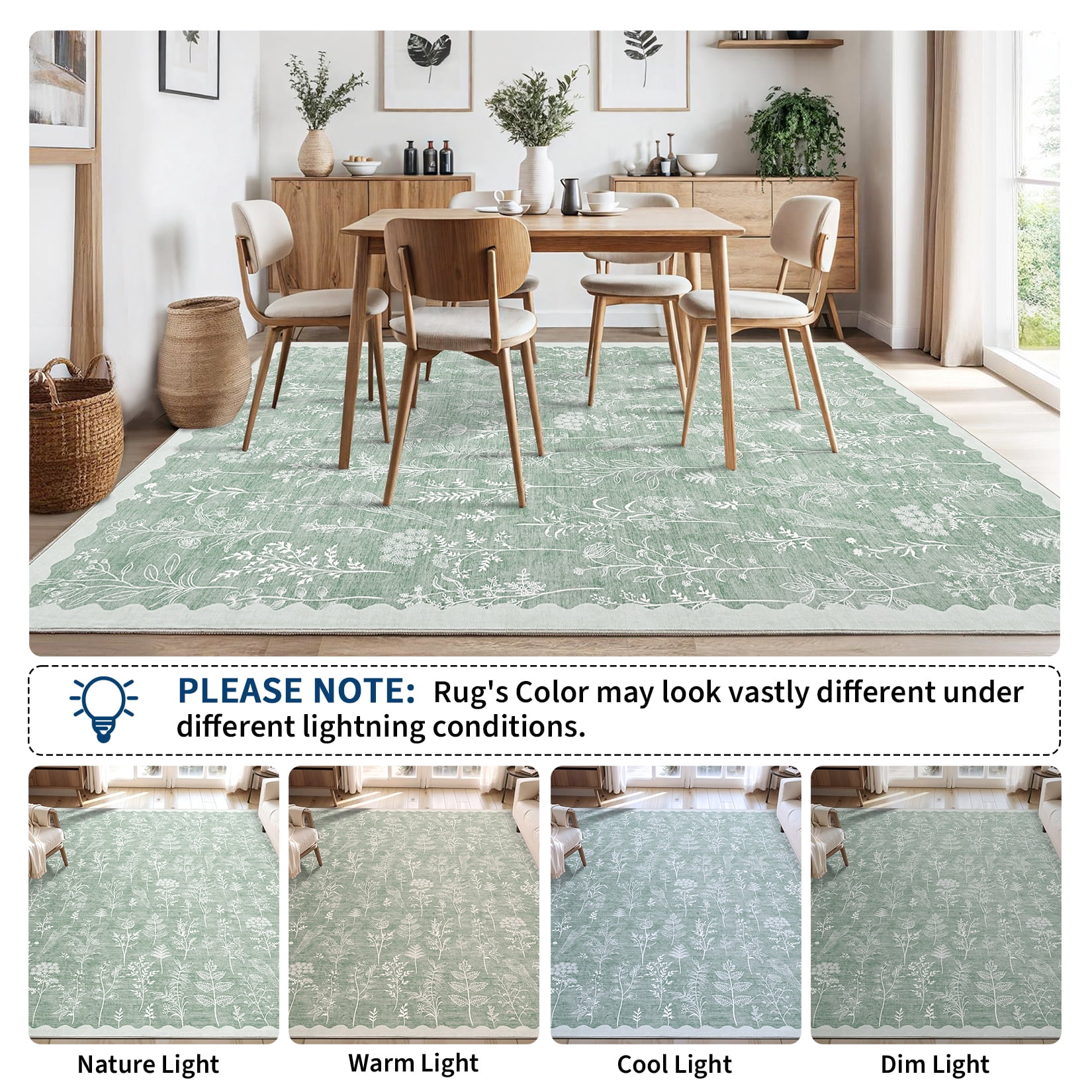 9x12 Under Bed Machine Washable Area Rugs, Modern Floral Print Floor Cover Carpet with Non Slip Backing Stain Resistant Farmhouse Rug for Nursery, Living Room, Office