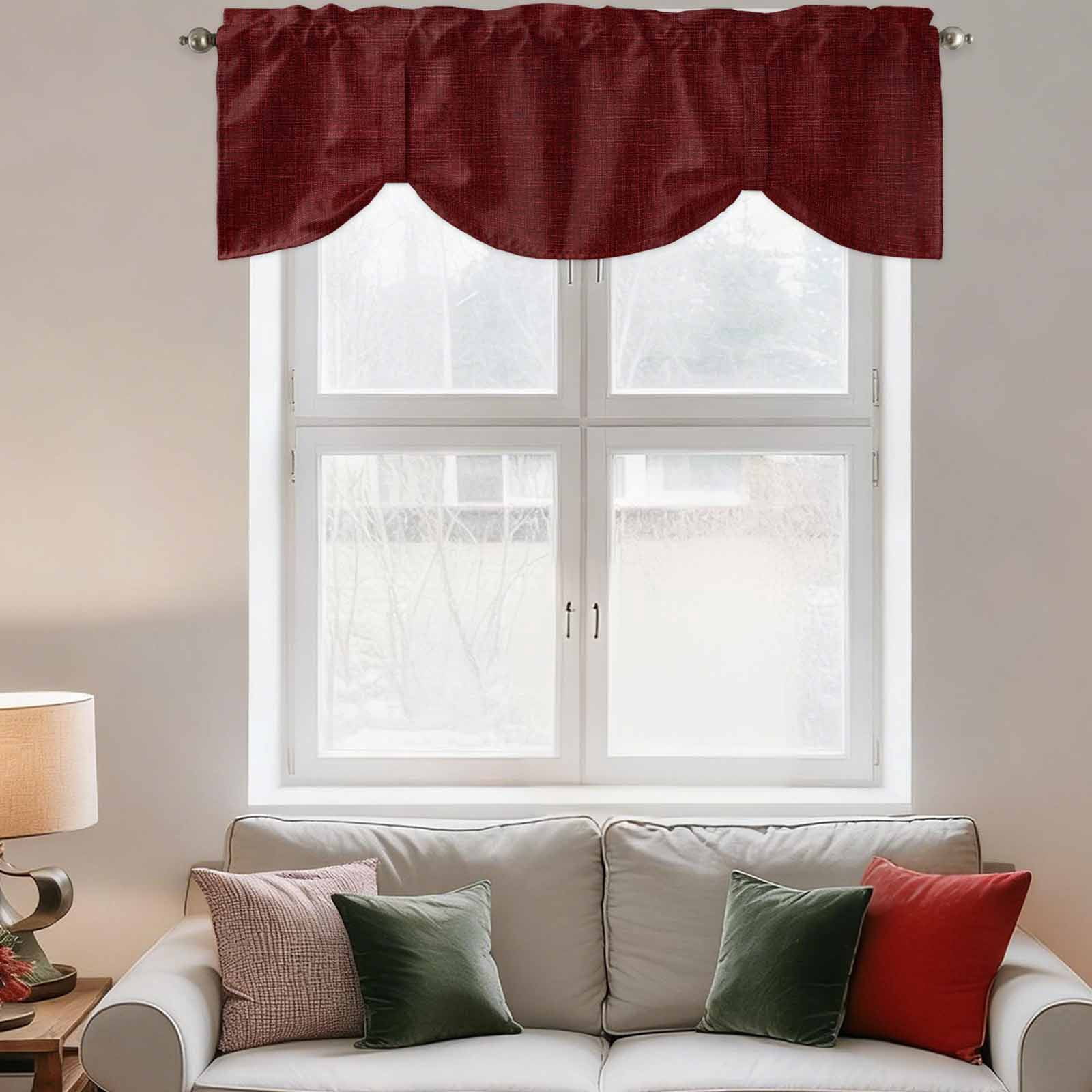 Tie Up Valances for Windows, Vintage Dark Red Adjustable Valance Curtains Window Treatment for Living Room, Farmhouse Retro Solid Color Linen Texture Rod Pocket Kitchen Curtains & Drapes 42x12 Inch