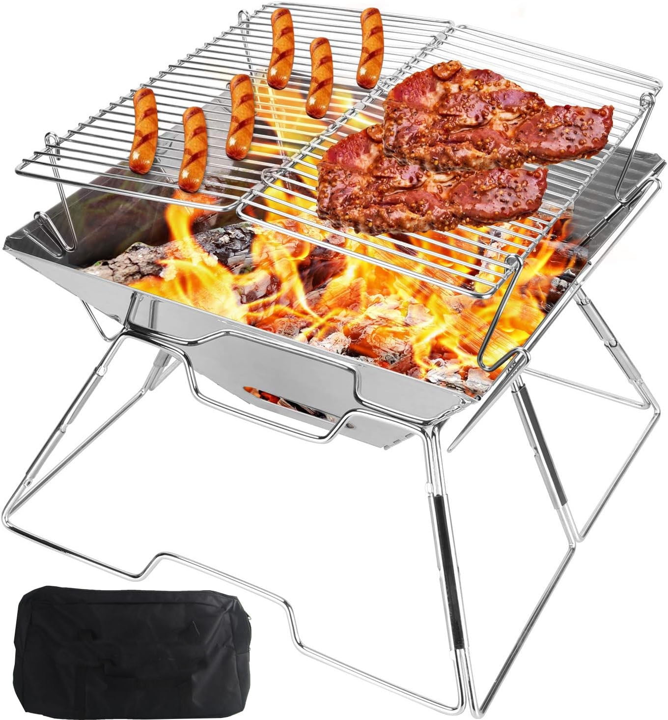 Beautysureup Charcoal Campfire Grill, Camping Fire Pit, Folding Portable BBQ Grill, Stainless Steel Barbecue Stove for Home Party Outdoor Camping Picnic