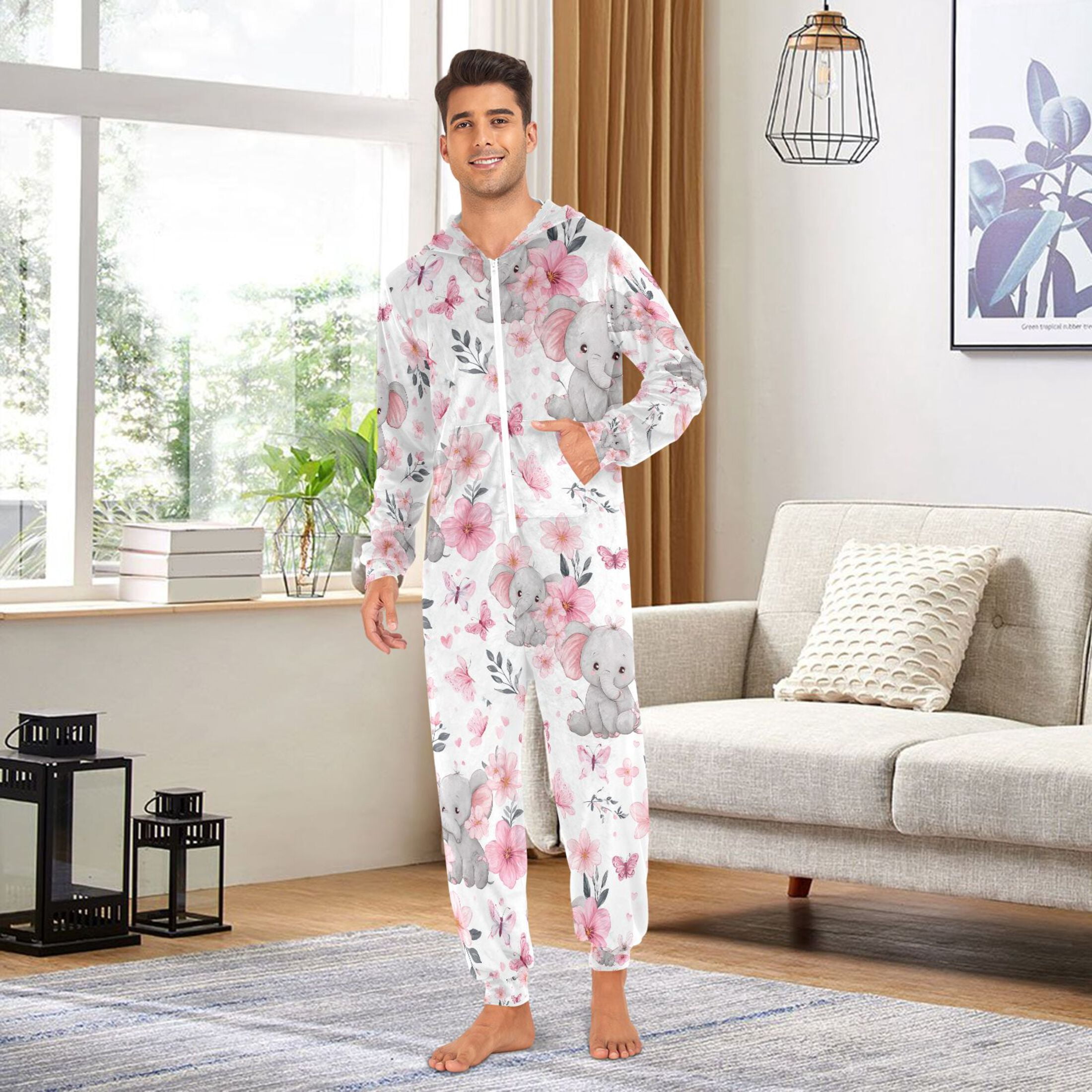 Adult Christmas Onesie Cute Elephant Adult Zipper One-Piece Pajamas Unisex Pajamas with Pockets
