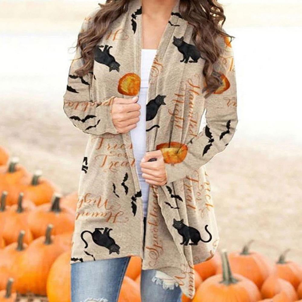Women's Halloween Long Sleeve O Neck Sweaters Funny Pumpkin Black Cat Ghost Graphic Tops Lightweight Pullover Coat