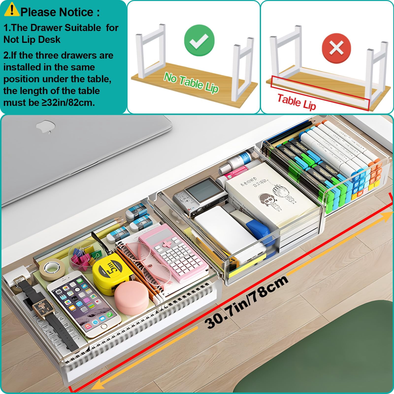 Under Desk Table Drawer Storage Organizer 3 Pack Small & Medium Large Slide Out Drawers - Desktop Adhesive Pencil Tray Table(clear/lms)