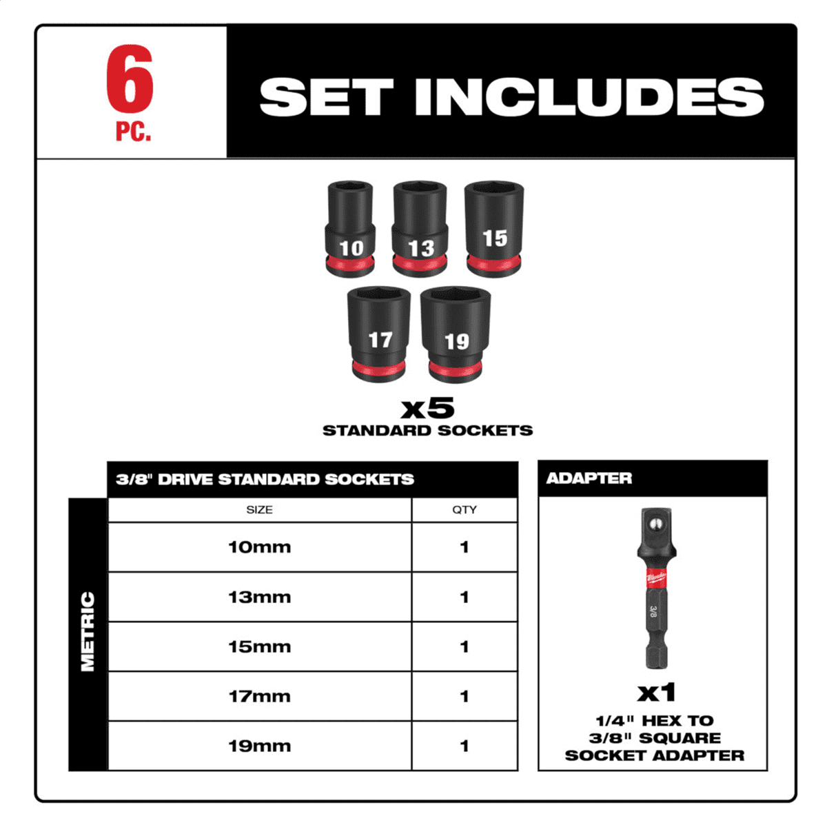 Milwaukee Tool 6PC SHOCKWAVE Impact Duty 3/8" Drive Metric Standard Socket Set