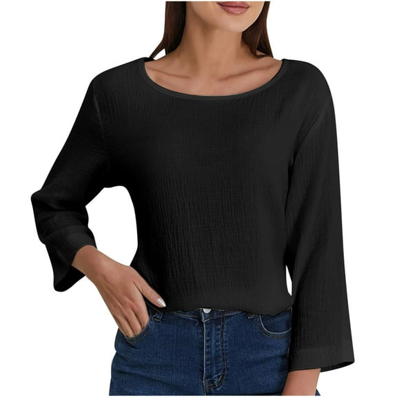 Raeneomay 3/4 Length Sleeve Womens Tops Solid Color Linen Solid Color Round Neck Casual Commuting Shirt Top