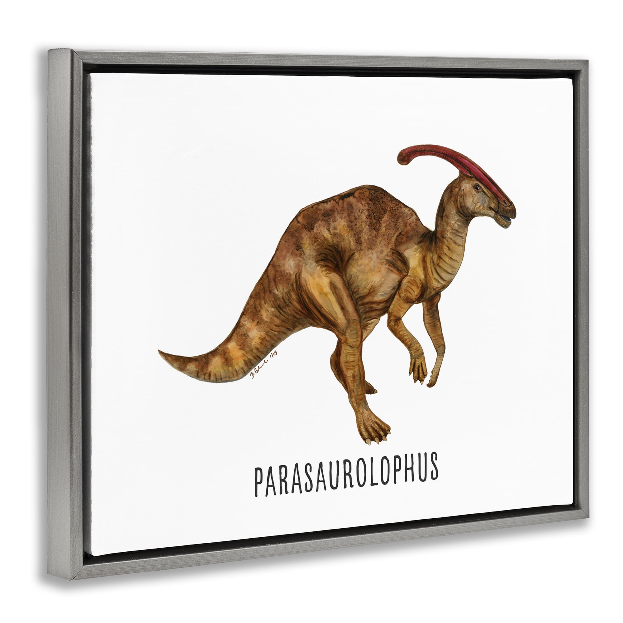 Stupell Industries Parasaurolophus Dinosaur Learning Animals Painting Gray Floater Framed Canvas Art Print Wall Art, 31 x 25