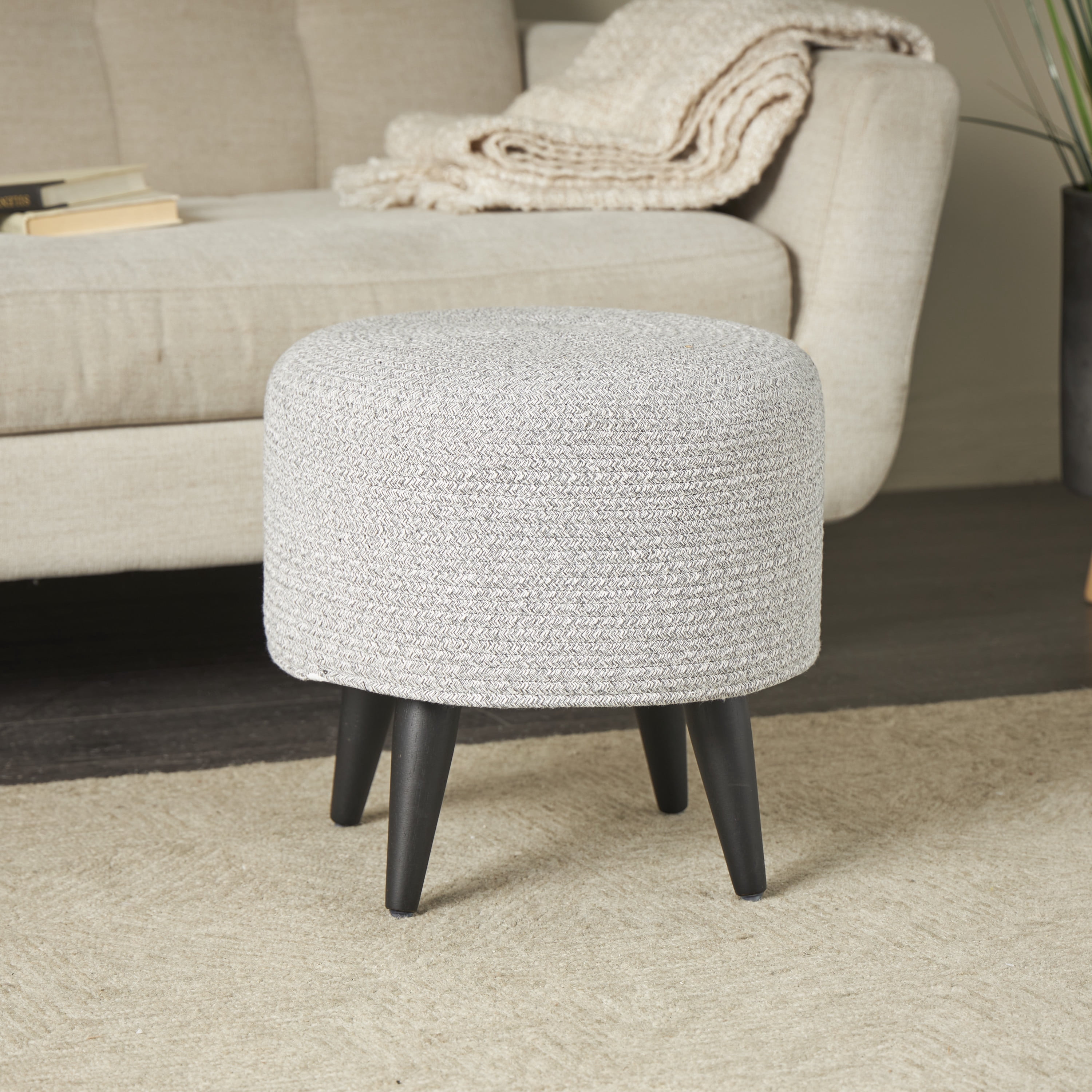 DecMode Polyester Chevron Textured Stool with Black Wooden Legs, Light Gray