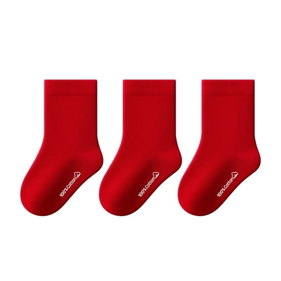 Beibi 3-Pair Pack Unisex Kids' Red Solid Thickened Mid-Calf Winter Socks Suitable for ages 4 and up