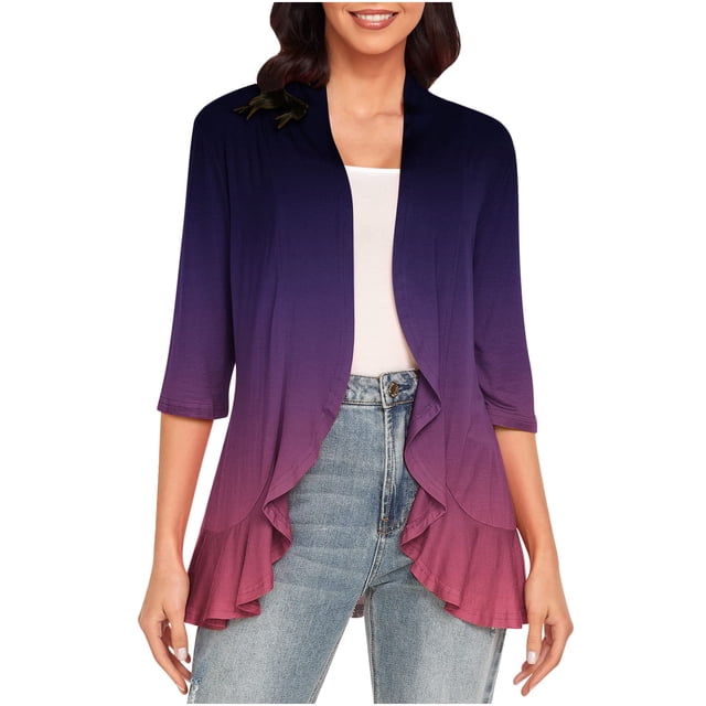 yoeyez Cardigans pour Femmes Cardigan Léger Uni Tendance pour Femmes Manches 3/4 Ouvert Couvre-Maillot Ajouré Boléros Doux Chandail Violet,m