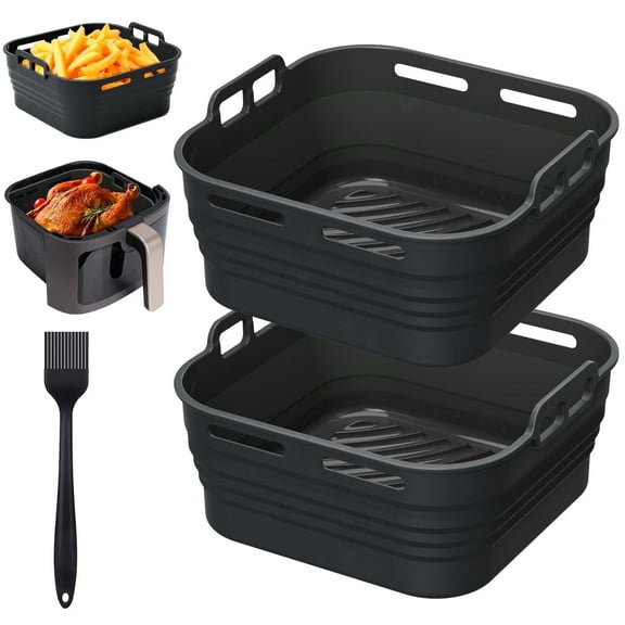 LIZEVINC Silicone Air Fryer Liners, Foldable & Thickened with Handles, 2-Pack 8.2"x3.5" Extra Deep Reusable Baskets with Oil Brush, Non-Stick 8inch Air Fryer Accessories, Black