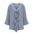 thumbnail image 7 of vdgthytj Women Solid Casual Blouse Long Bell Sleeve Button Front V Neck Floral Ruffle Shirt Fashion Plus Size Tunic Top, 7 of 7