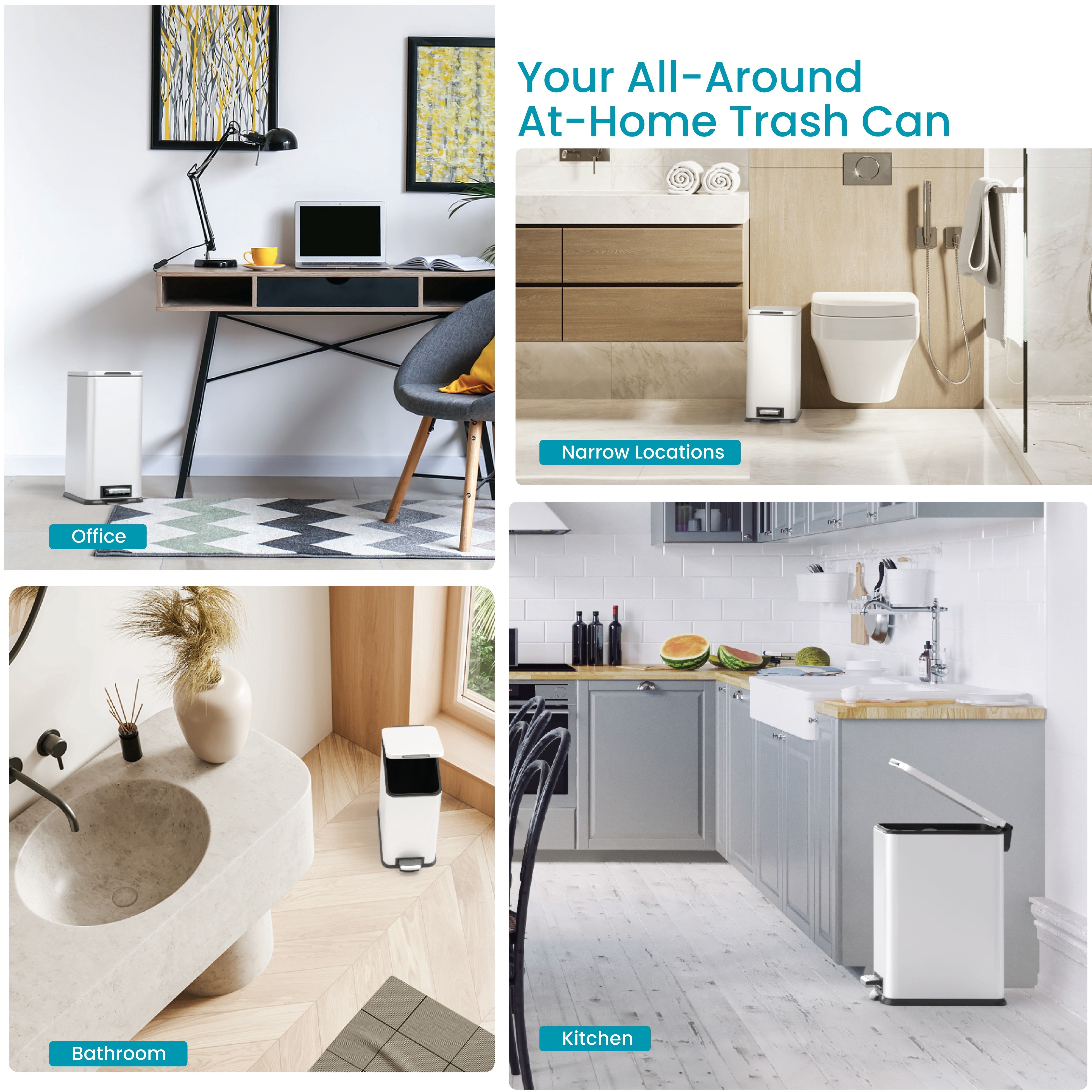 Home Zone Living 4 Gallon Slim Kitchen Trash Can with Step Pedal, Soft-Close Lid and Removable Inner Bucket, Stainless Steel, Matte White