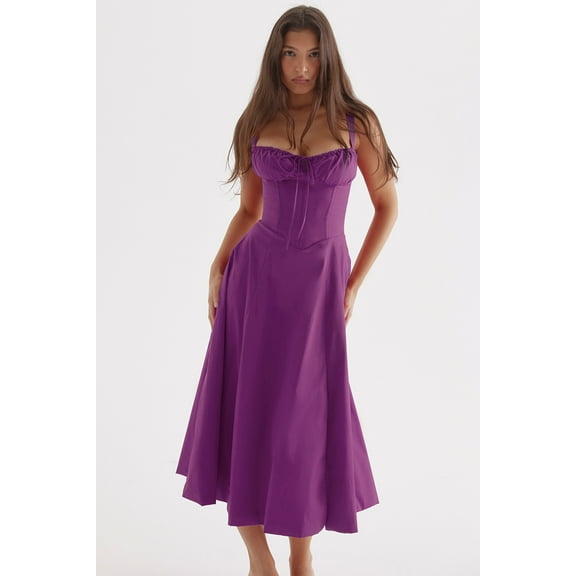 Women Floral Corset Midi Dress, Print Bustier Sundress, Flowy Slit Sundress Summer Beach Corset Dress