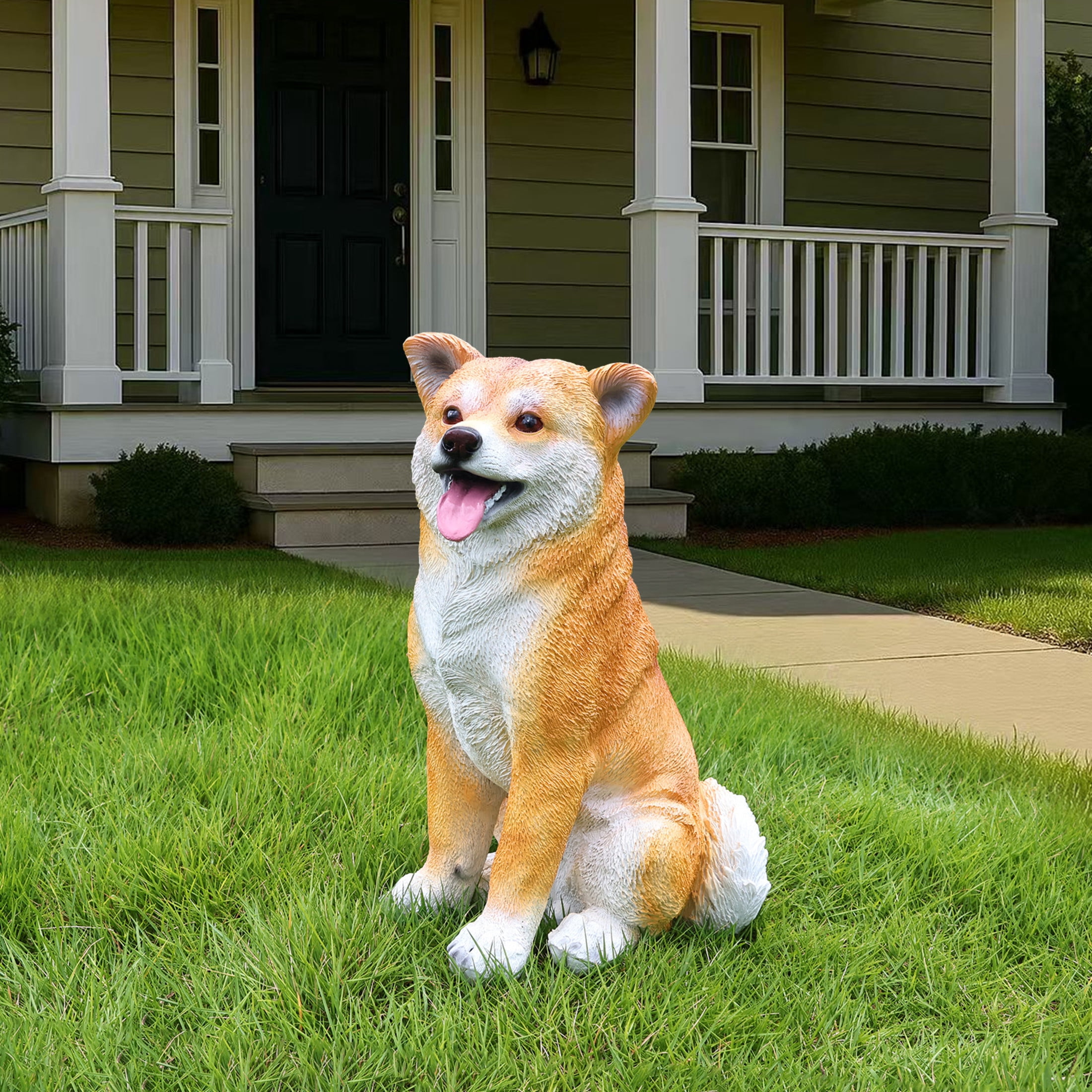 Noble House Lifelike Sitting Shiba Inu Statue, Realistic Resin Animal Figurine for Outdoor Garden Decor, Brown White