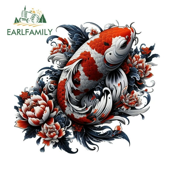 EARLFAMILY 5.1 Inch Japanese Koi Fish with Flowers Car Stickers Personality Motorcycle Windows Helmet Skateboard Waterproof Decal Scratch-Proof Car Label