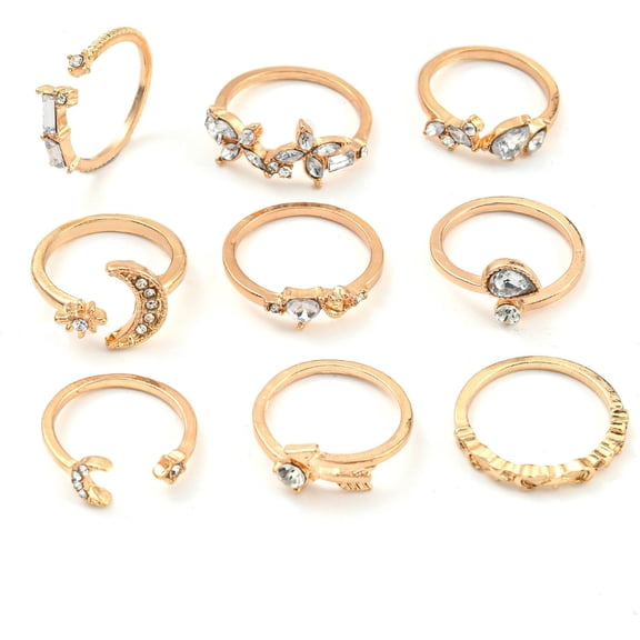 9Pcs Rhinestone Cuff Rings Set Golden Alloy Stackable Rings Inner Diameter 18mm Golden