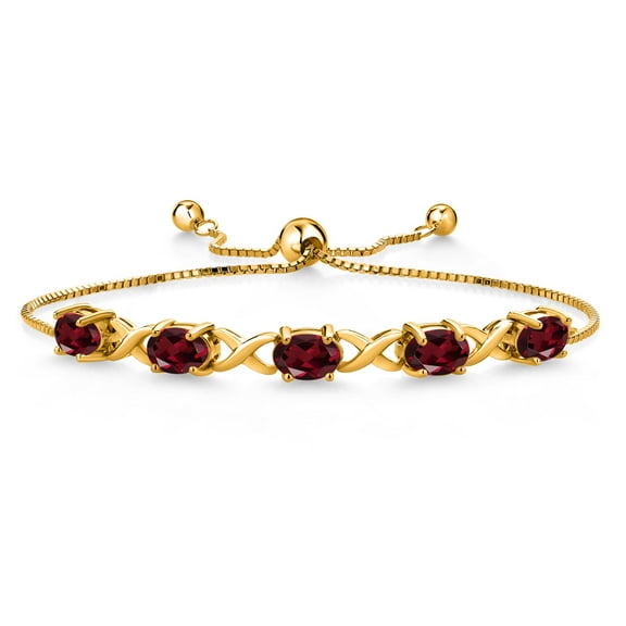 Gem Stone King 18K Yellow Gold Plated Silver Red Rhodolite Garnet Bracelet for Women (4.50 Cttw, Gemstone January Birthstone, Oval 7X5MM, Fully Adjustable up to 9 inches)