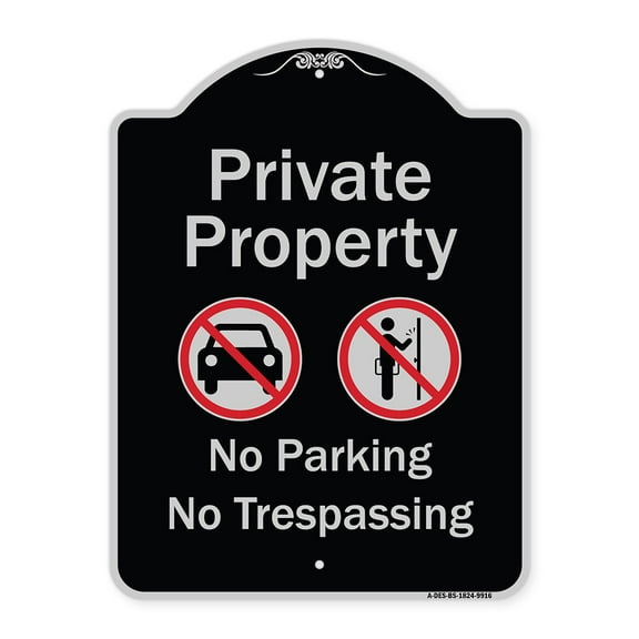SignMission A-DES-BS-1824-9916 18 x 24 in. Designer Series Sign - Private Property No Parking or Trespassing with Symbols, Black & Silver