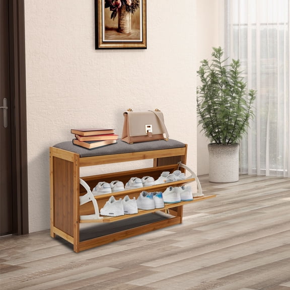 2-Tier Entryway Bamboo Shoe Bench with Seat Cushion Shoes Rack Organizer Cabinet For Storing All Kinds Of Shoes, Ideal For Placing In The Entryway, Bedroom