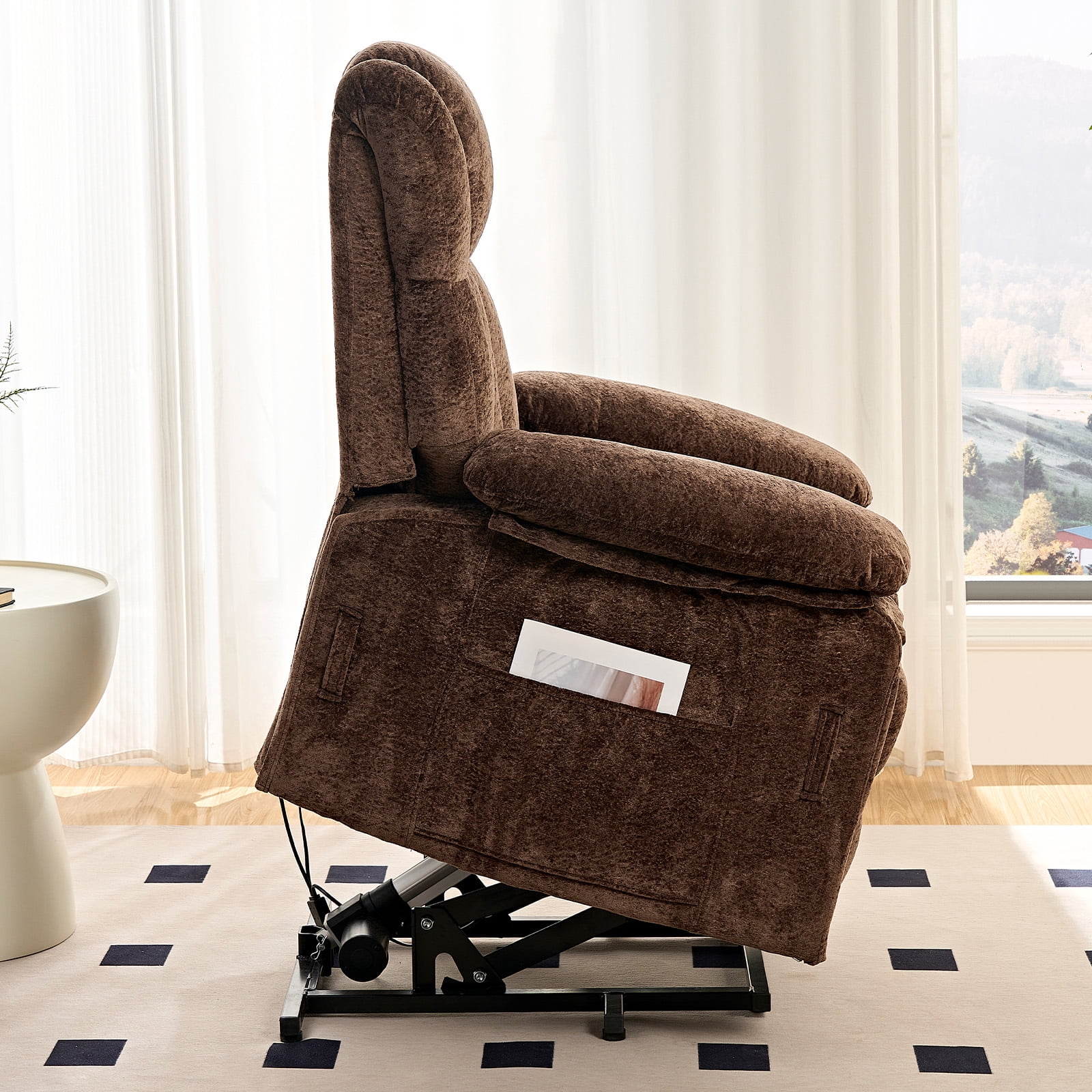 BALUS Oversized Power Lift Recliner with Dual Motor for Elderly, Velvet Arm Chair with Heat and Massage for Living Room, Brown
