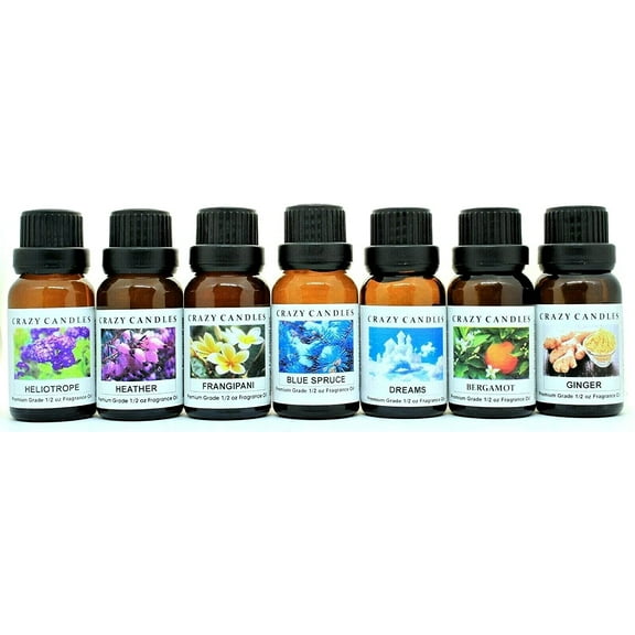 Crazy Candles 7 Bottle Set: Heliotrope, Heather, Fragipani, Bluespruce, Dreams, Bergamot, Ginger 1/2 Fl Oz Each Premium Grade Fragrance Oil