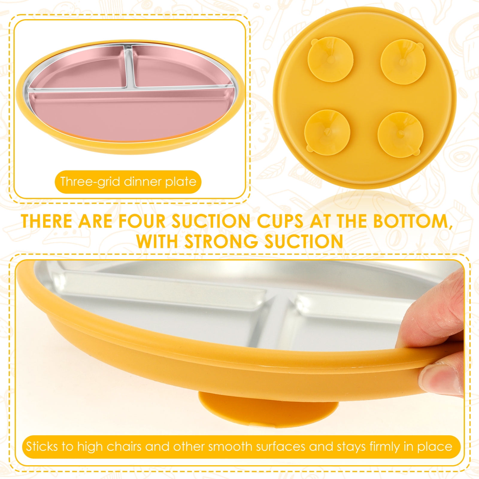 6 Pcs Stainless Steel Kids Plates and Bowls Set Toddlers 3 Compartment Suction Bowls with Removable Silicone Shell Self Feeding Plates for Toddlers Baby