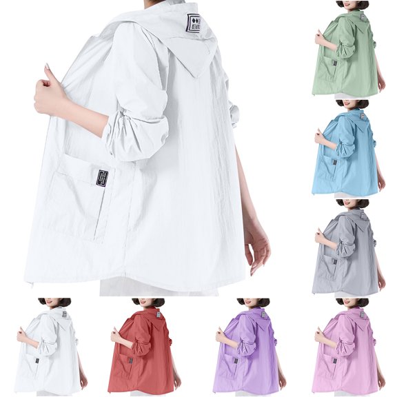 Admvng Womens Plus Size Jacket Lightweight Hooded Sun Protection Long Sleeve Pocket Casual Outdoor Beach Travel Wind Coat