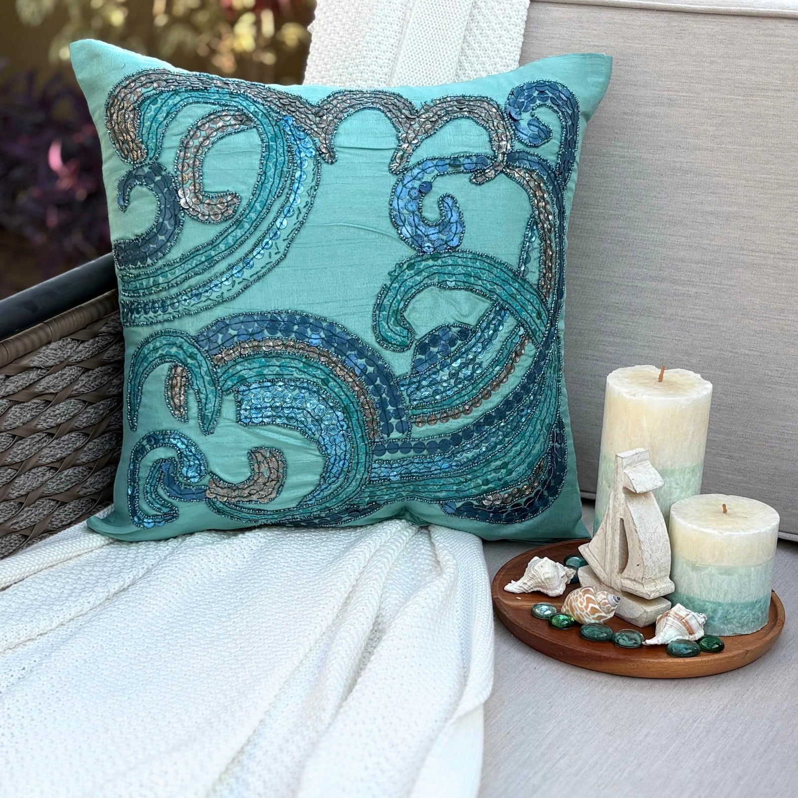 Custom Cushion Cover, Aqua Blue Decorative Pillow Cover&nbsp;For Sofa 16x16 inch (40x40 cm), Silk Pillowcase&nbsp;With Zipper, Abstract, Waves, Sequins Embellished, Mediterranean Throw - Tides