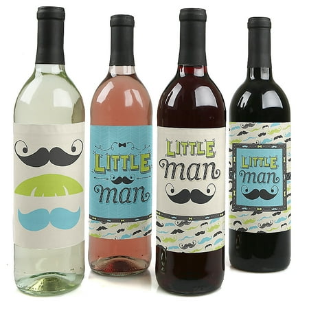 Dashing Little Man Mustache Party - Baby Shower or Birthday Party Decorations for Women and Men - Wine Bottle Label Stickers - Set of 4 