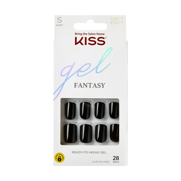 KISS Gel Fantasy Press on Nails, Aim High, Black, Short Squoval, 28 Count
