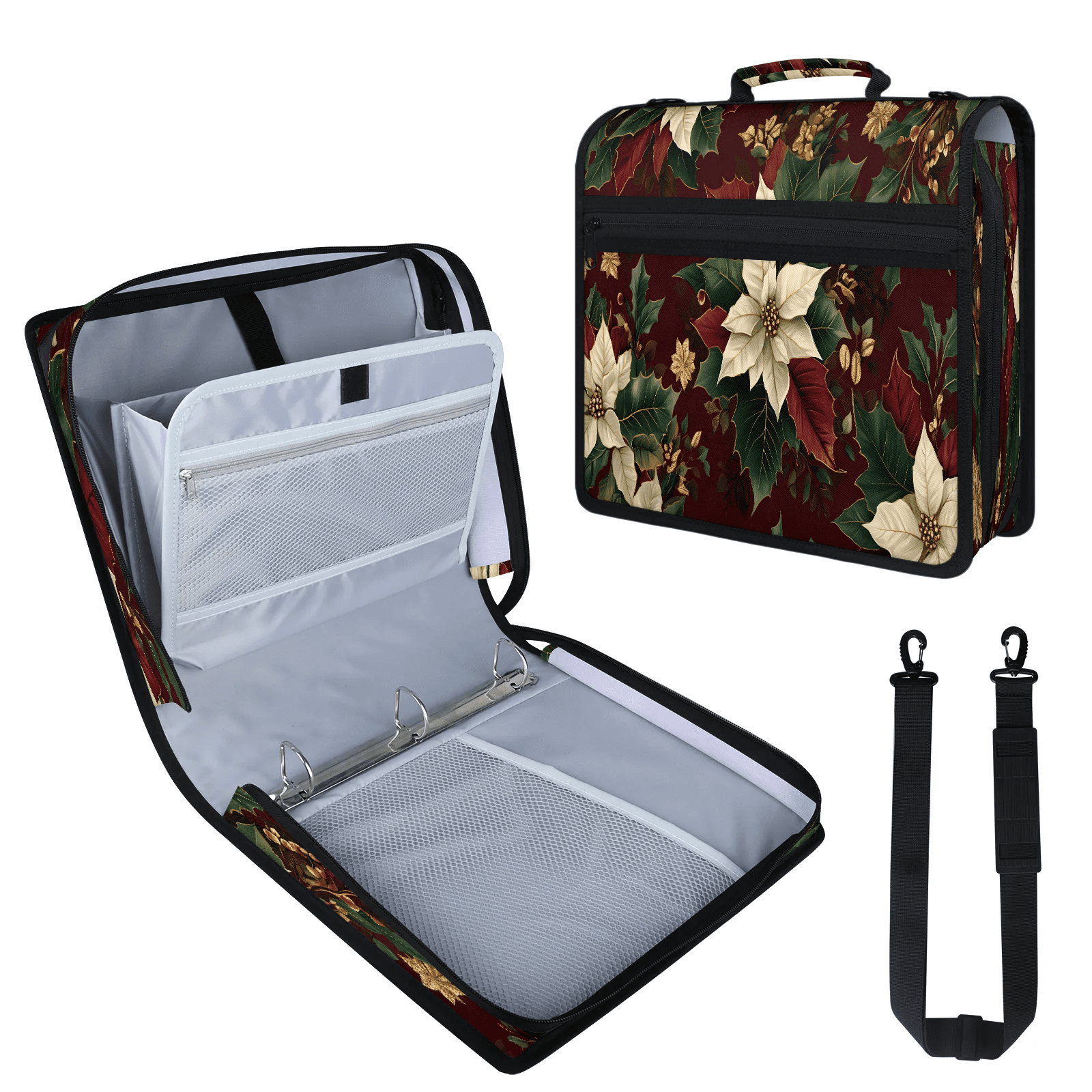 Herdesigns Christmas Poinsettia Zipper Binder with Shoulder Strap, Waterproof 1.5 Inch 3 D-Ring Binder Organizer Bag, Fits 13 Inch Laptop for Work, Red Winter Xmas
