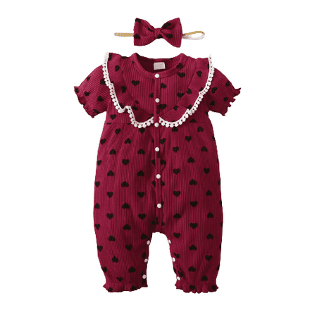 

Mikrdoo Newborn Baby Girls Clothes Bubble Heart Print Single Breasted Design Romper With Headband 2Pcs Romper Set Red 3-6 Months