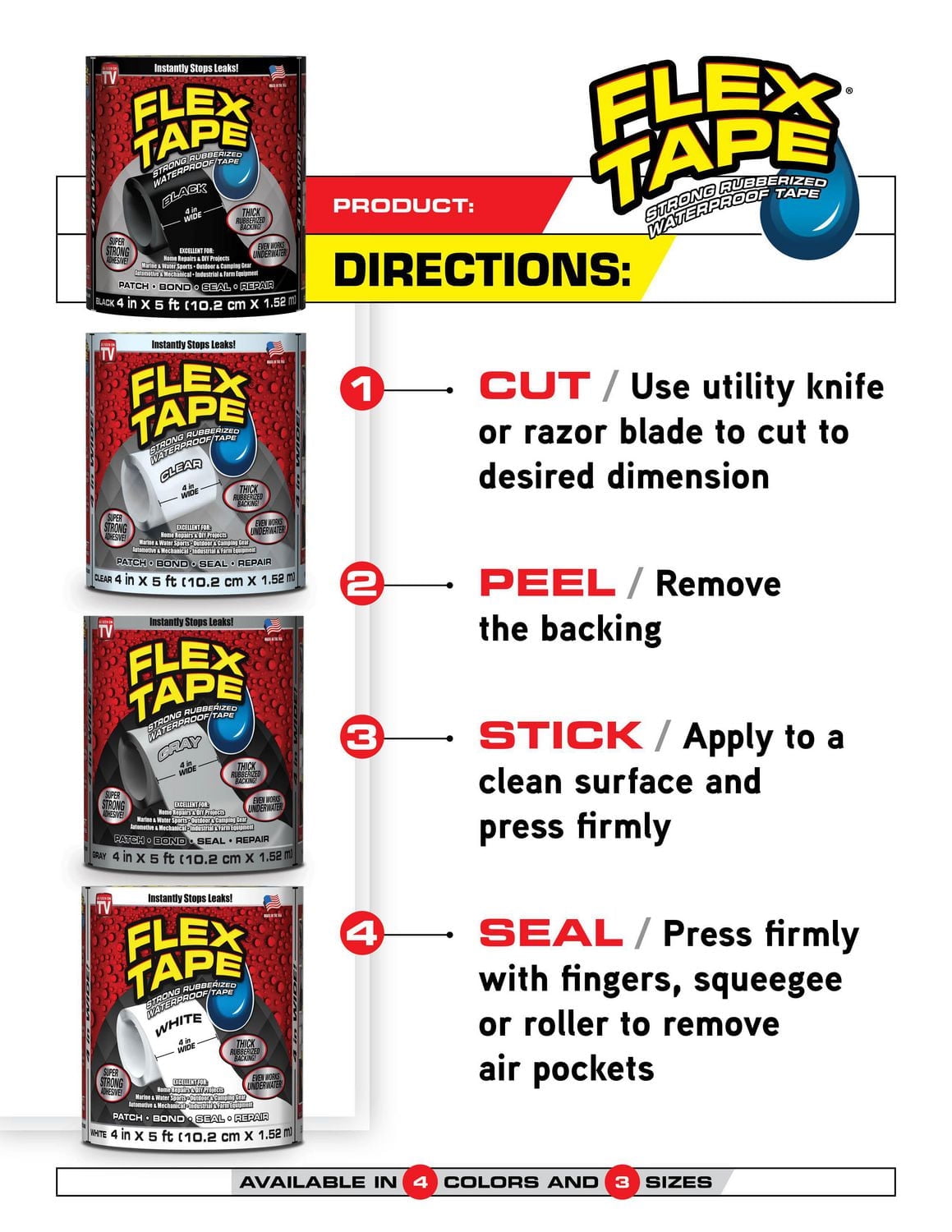 Flex Tape Clear 4"x 5', Rubberized waterproof tape.